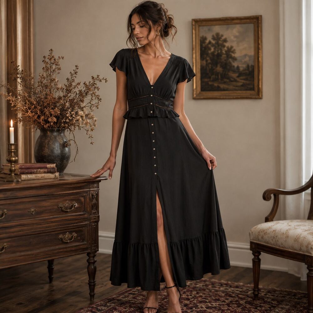 Express Black Dark Romantic Eyelet Trim Semi-sheer Long Dress Sz 4 Whimsy Goth